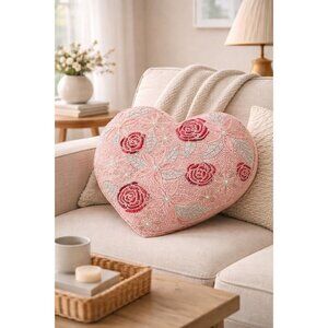 New Beaded Valentines Day Heart Flower Love Decorative Holiday Pillow 16"x16"